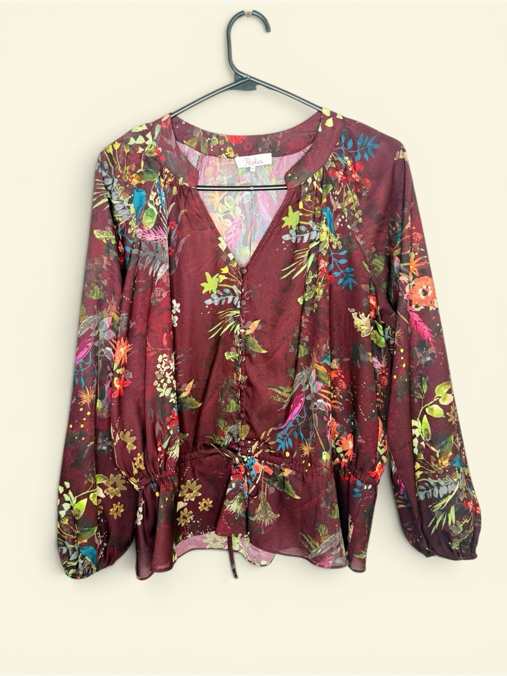 Parker Floral Cinch-Waist Silk Blouse Size Medium - Picture 1 of 4